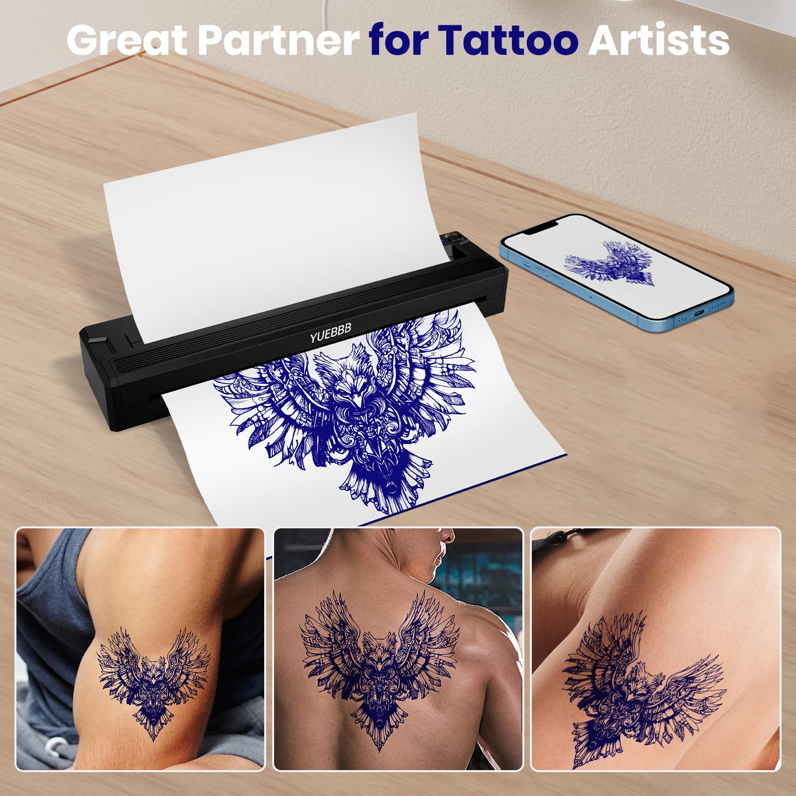 YUEBBB stencil printer with Bluetooth connection for quick mobile printing.