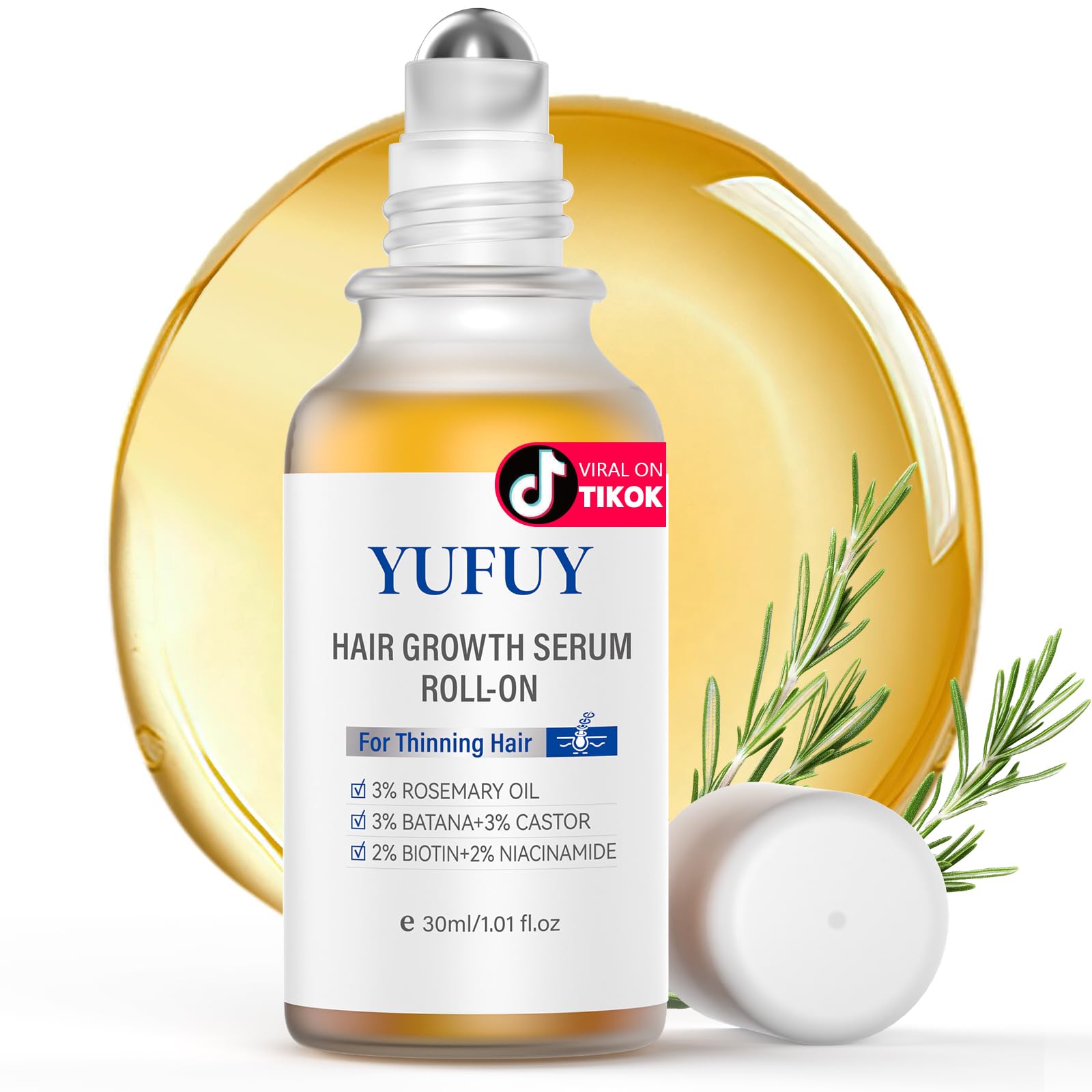 YUFUY Hair Growth Serum Roll-On bottle close-up showing premium packaging