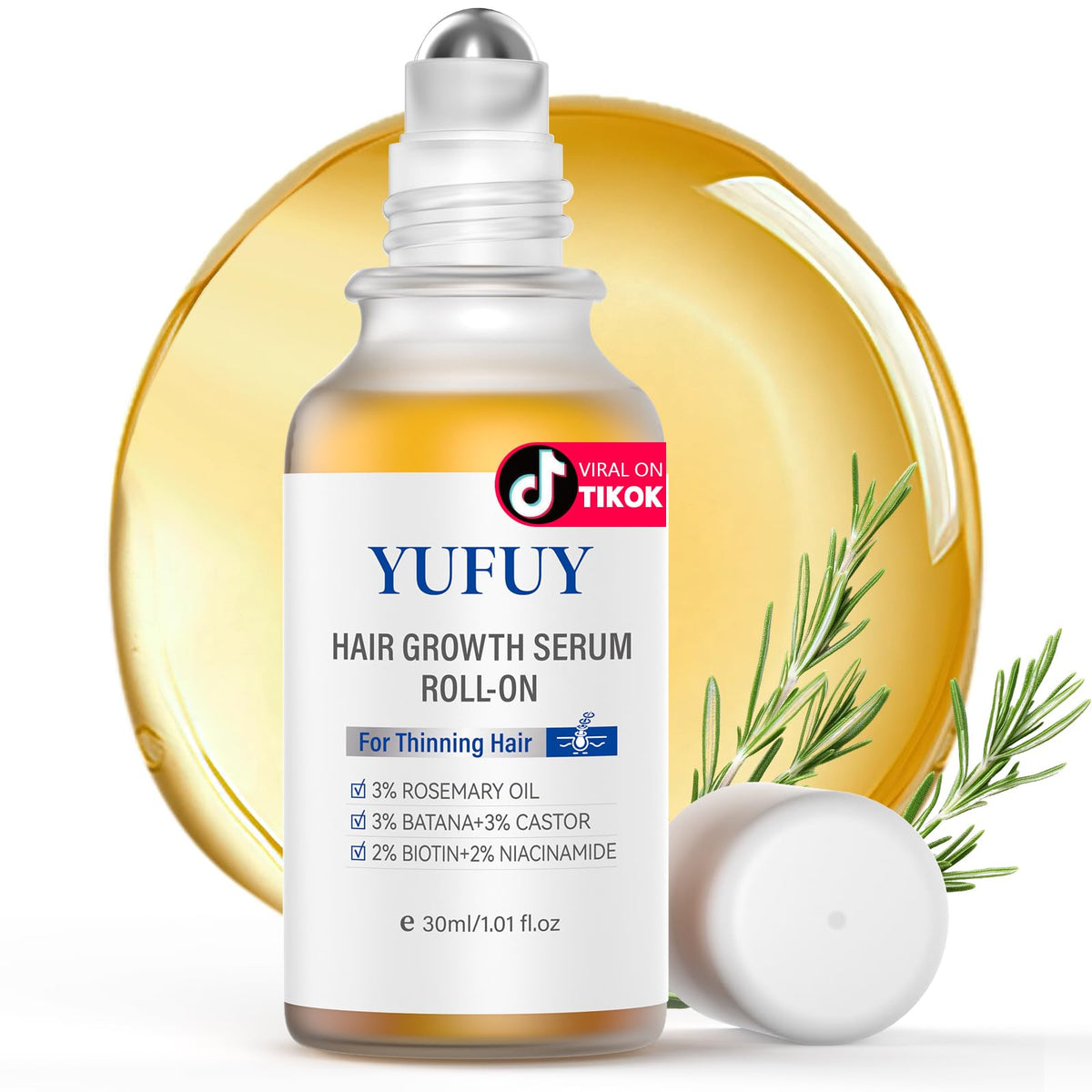 YUFUY Hair Growth Serum Roll-On bottle close-up showing premium packaging