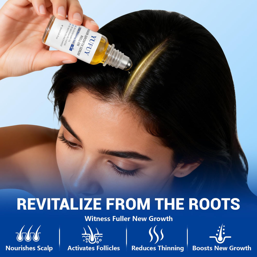 YUFUY serum being rolled onto scalp for precise application
