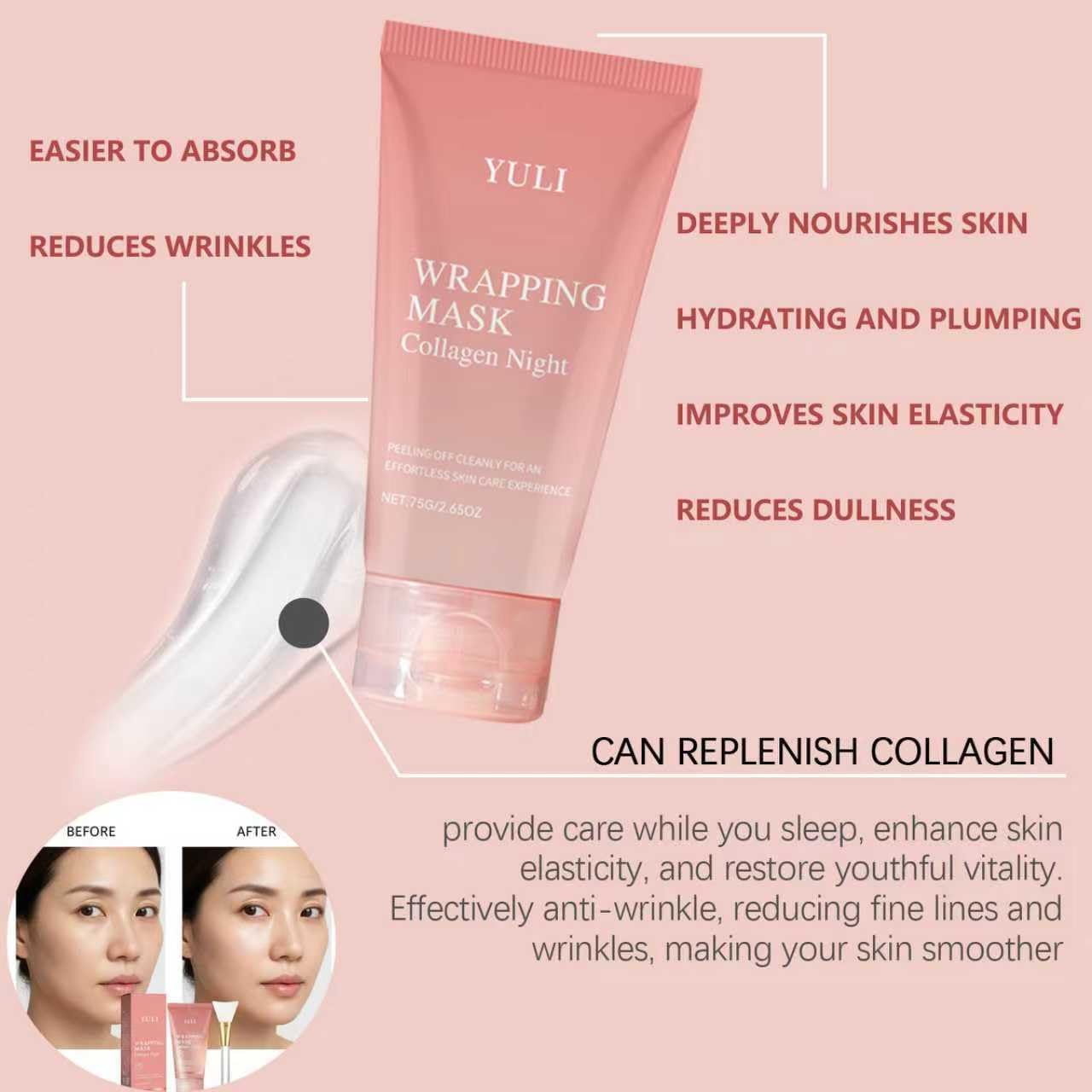 YULI collagen night wrap mask face coverage shows an even layer for comfortable hydration.