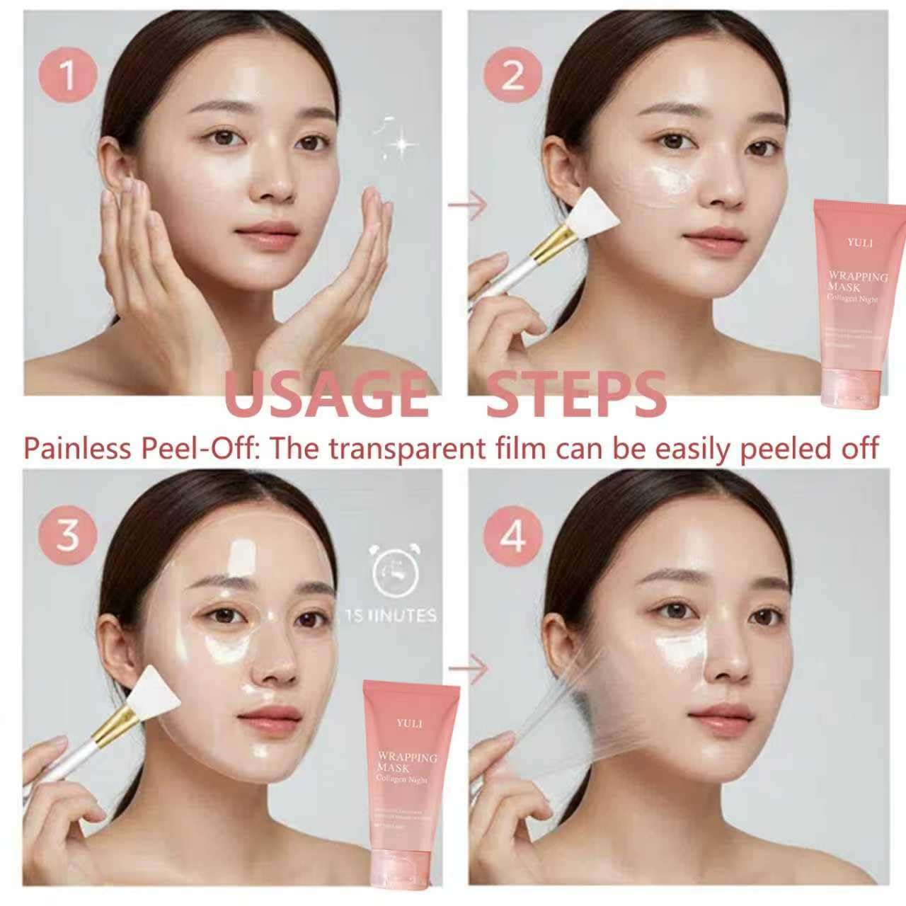 YULI collagen night wrap mask peel-off closeup indicates gentle removal and a smooth finish.