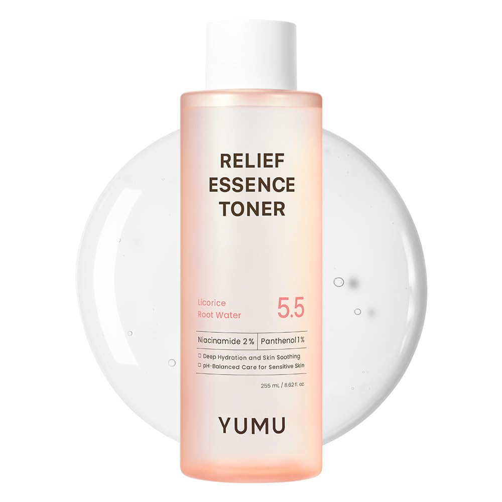 YUMU Licorice Relief Toner bottle illustrating fragrance-free soothing care for sensitive skin.