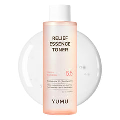 YUMU Licorice Relief Toner bottle illustrating fragrance-free soothing care for sensitive skin.