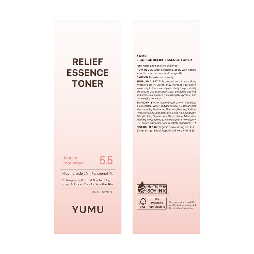 YUMU Licorice Relief Toner bottle demonstrating hydration for a refreshed complexion.