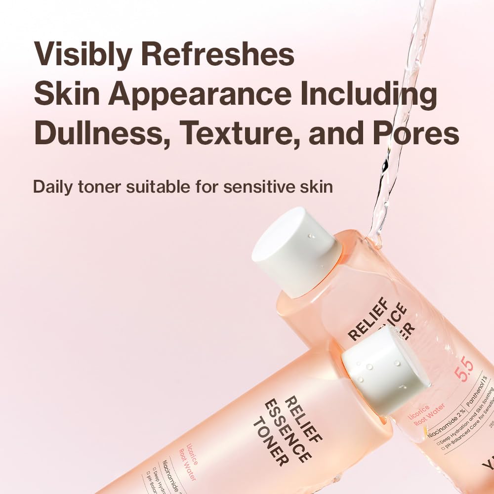 YUMU Licorice Relief Toner label featuring panthenol and hyaluronic acid for hydration.