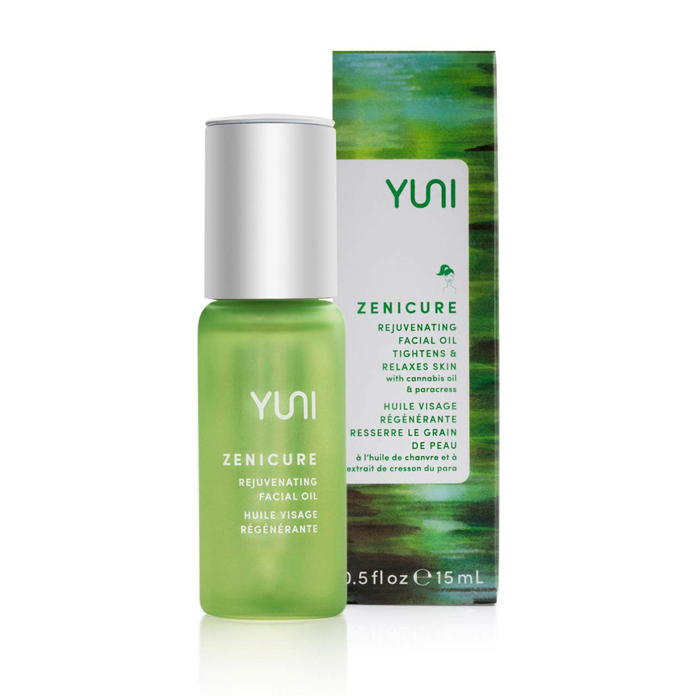 YUNI Beauty Rejuvenating Face Oil bottle on a vanity for daily skincare routine.
