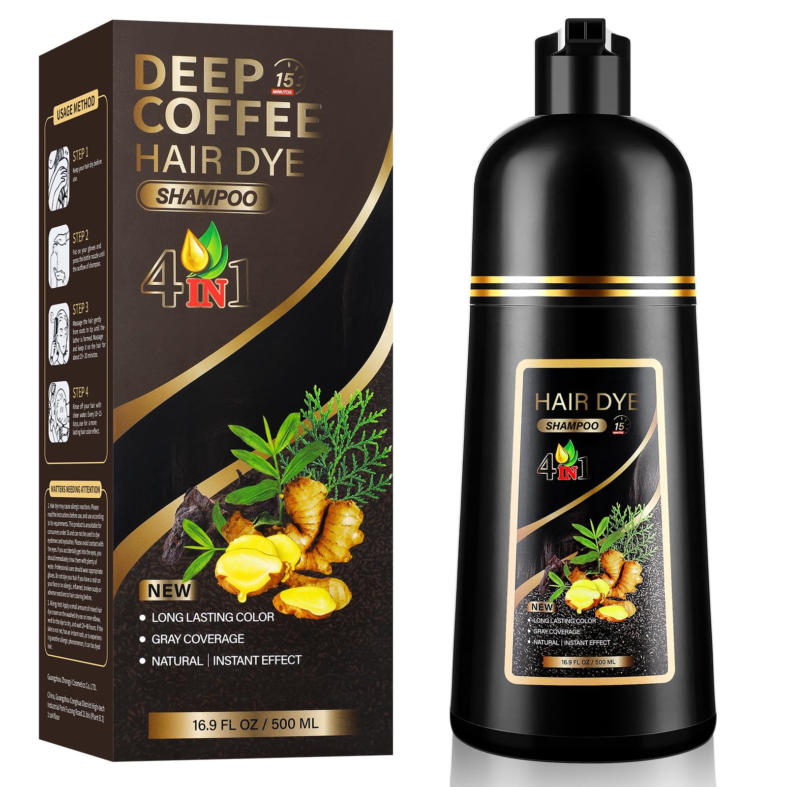 YUOLITA 4in1 dark brown hair dye shampoo bottle for easy at-home color and cleanse.