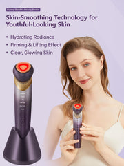 Yuonry purple LED light therapy illuminating skin for brightening and soothing effects.