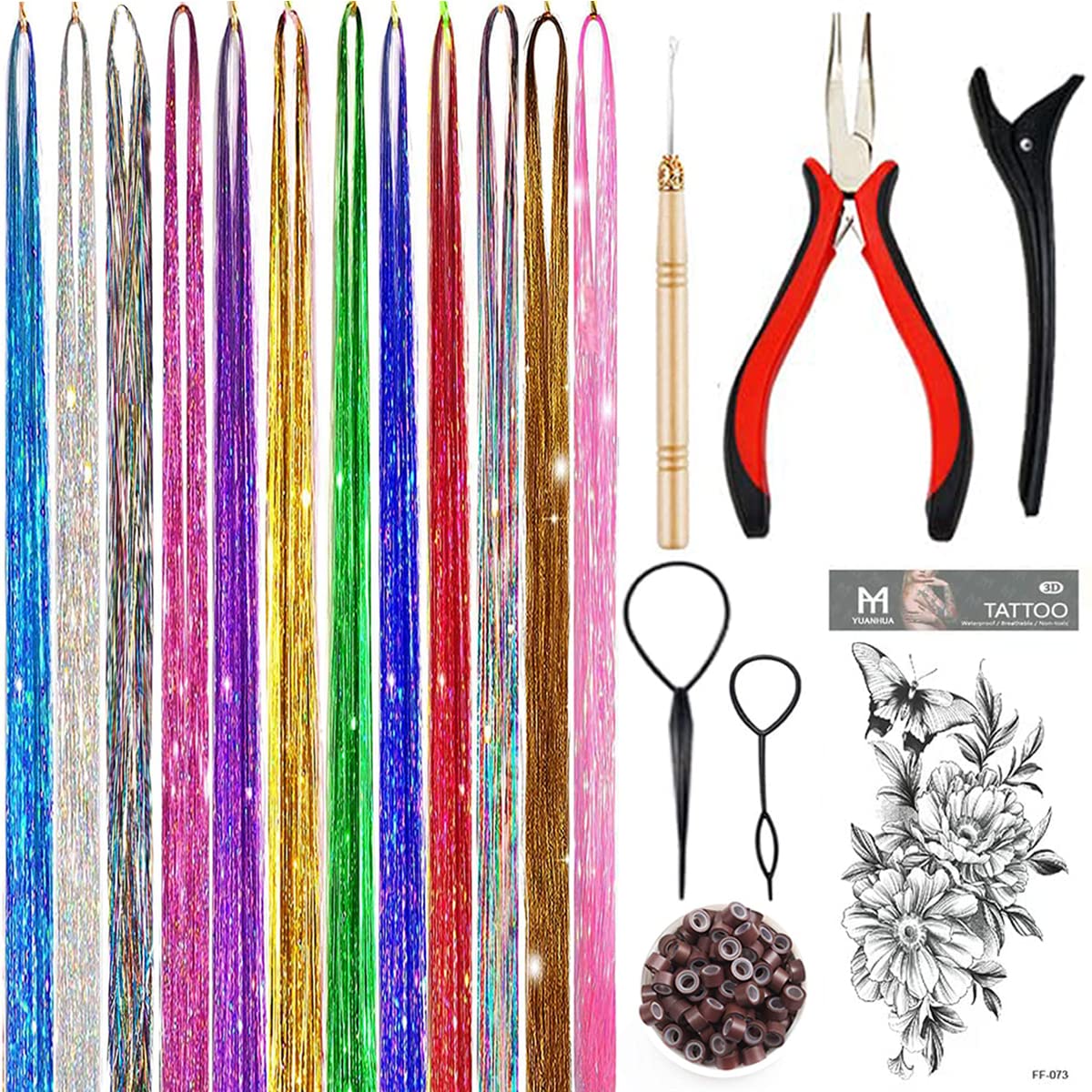 YUUYEE Hair Tinsel Kit adds 2760 strands across 12 colors for vibrant looks
