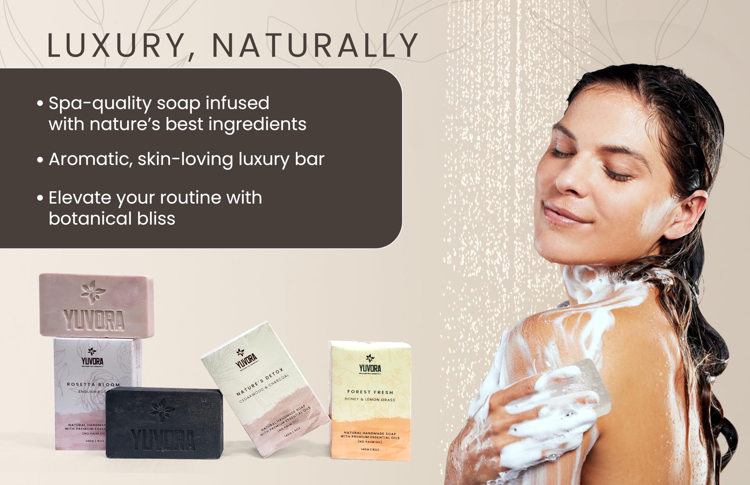 Yuvora Charcoal Sea Salt Kaolin Clay soap, gentle detox and exfoliation.