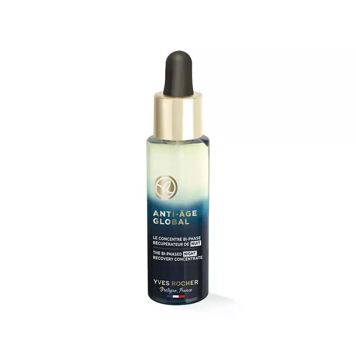 Yves Rocher Anti-Age Global biphasic serum bottle pour, supporting nighttime renewal.