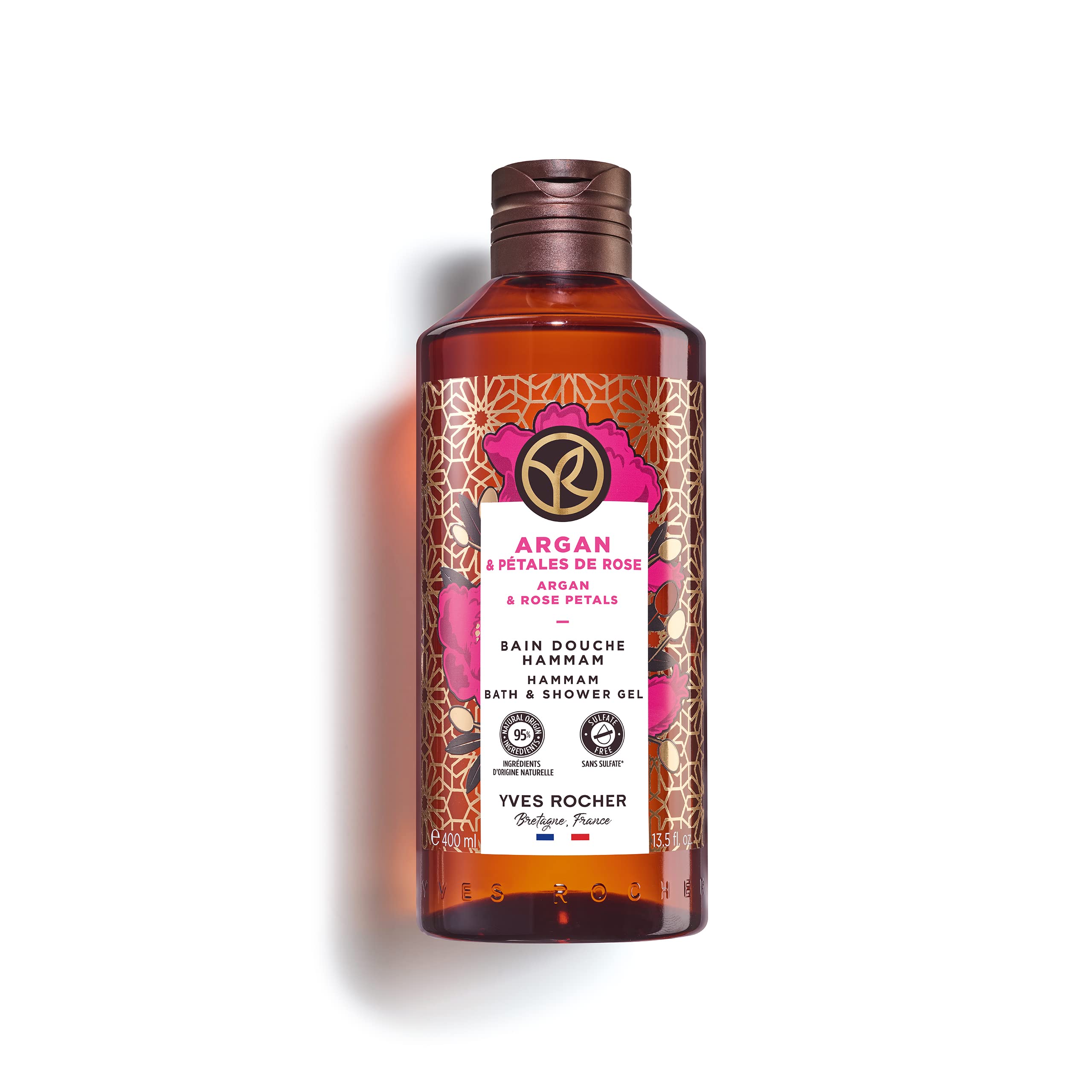 Yves Rocher Argan and Rose Bath Gel bottle for nourishing daily cleansing.