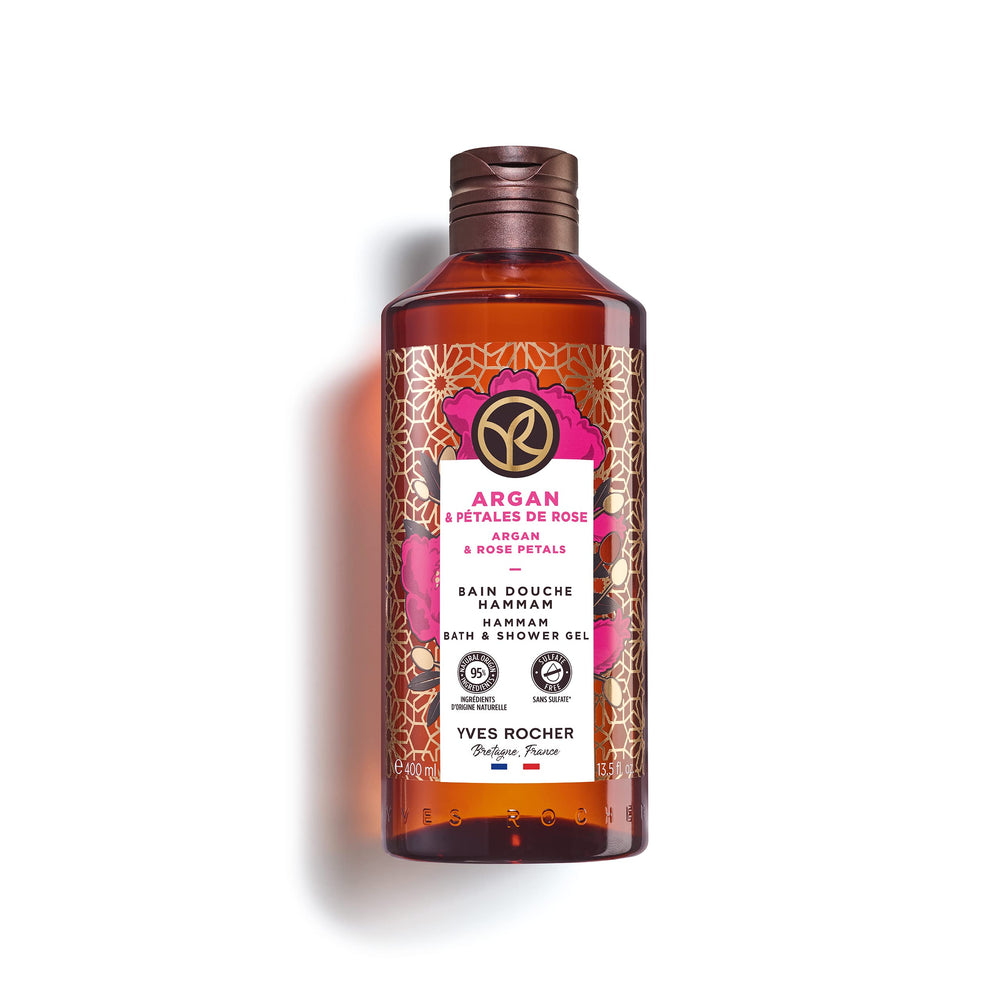 Yves Rocher Argan and Rose Bath Gel bottle for nourishing daily cleansing.