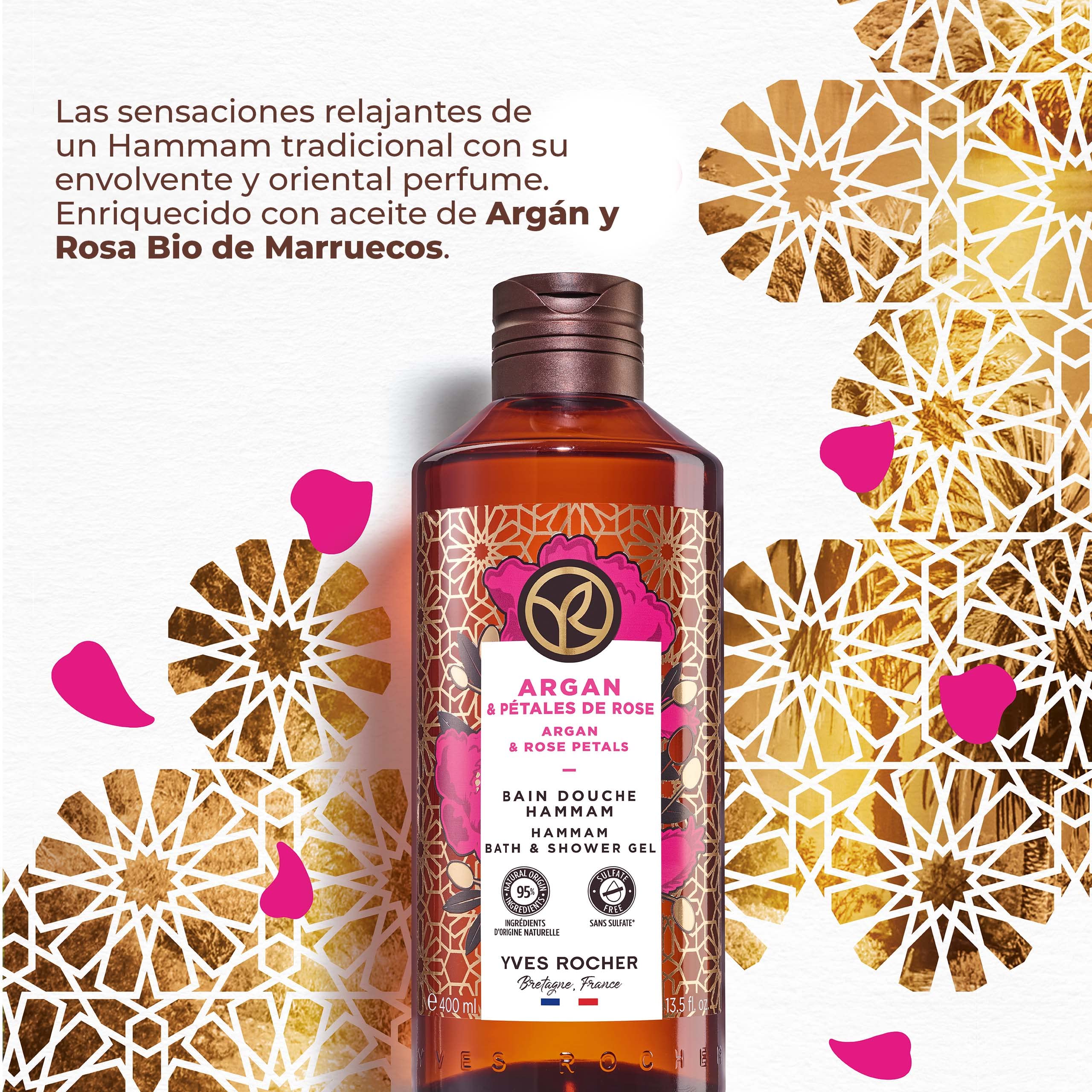 Yves Rocher Argan and Rose Bath Gel lather on skin for a relaxing shower.