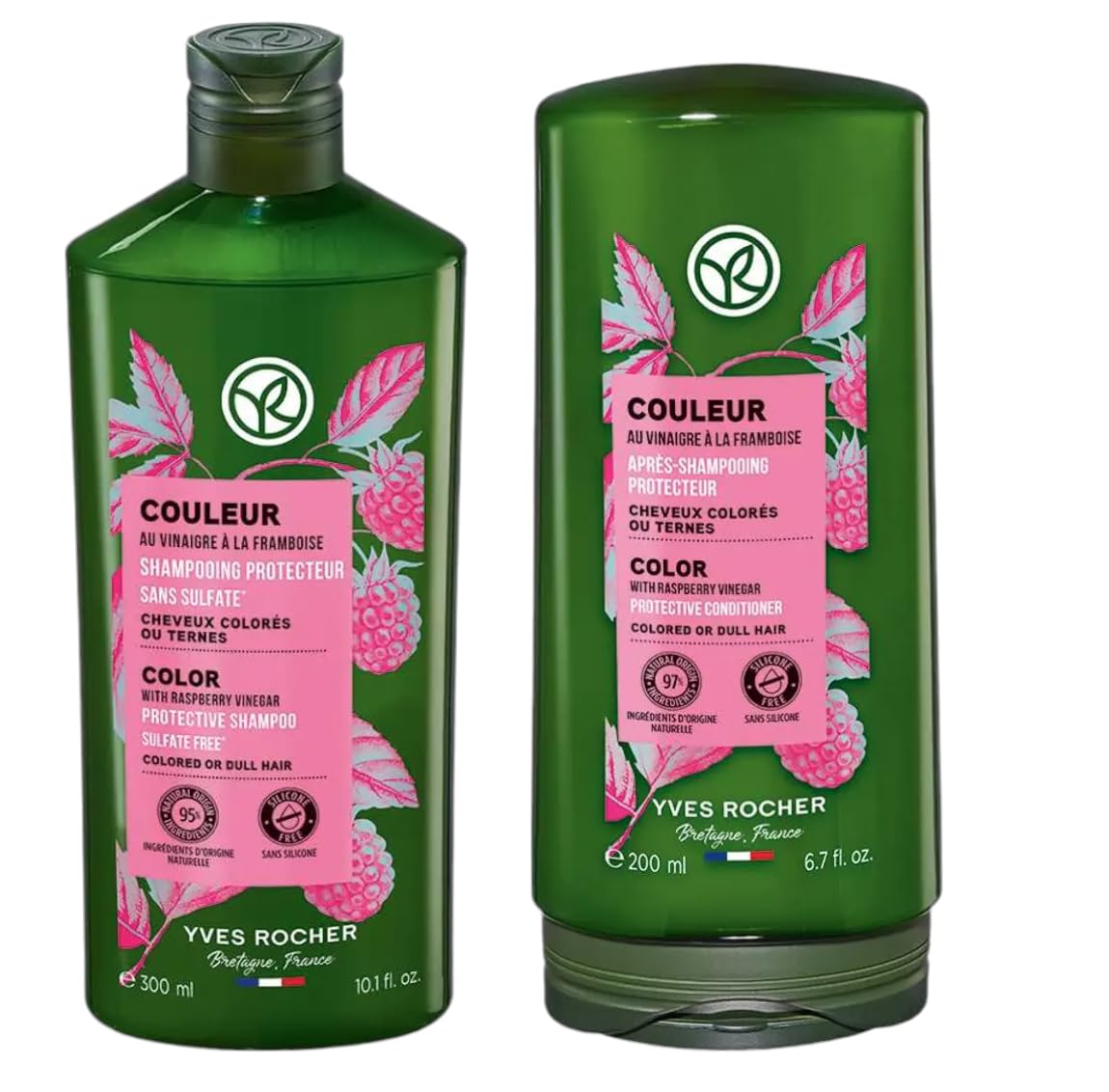 Yves Rocher color protection shampoo bottle preserves vibrant color for treated hair.
