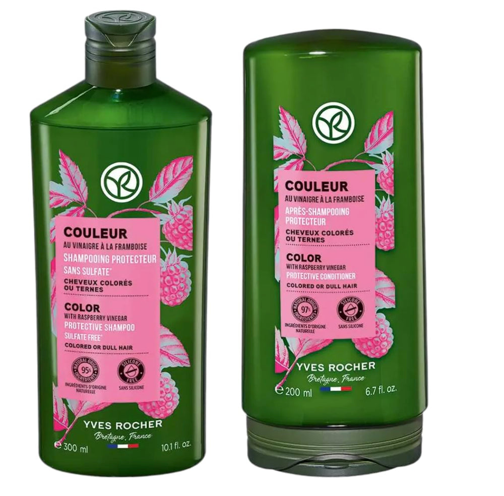 Yves Rocher color protection shampoo bottle preserves vibrant color for treated hair.