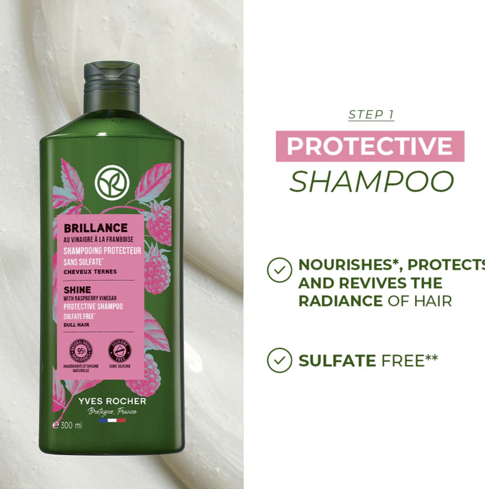 Close-up of Yves Rocher shampoo label showing sulfate-free color care.