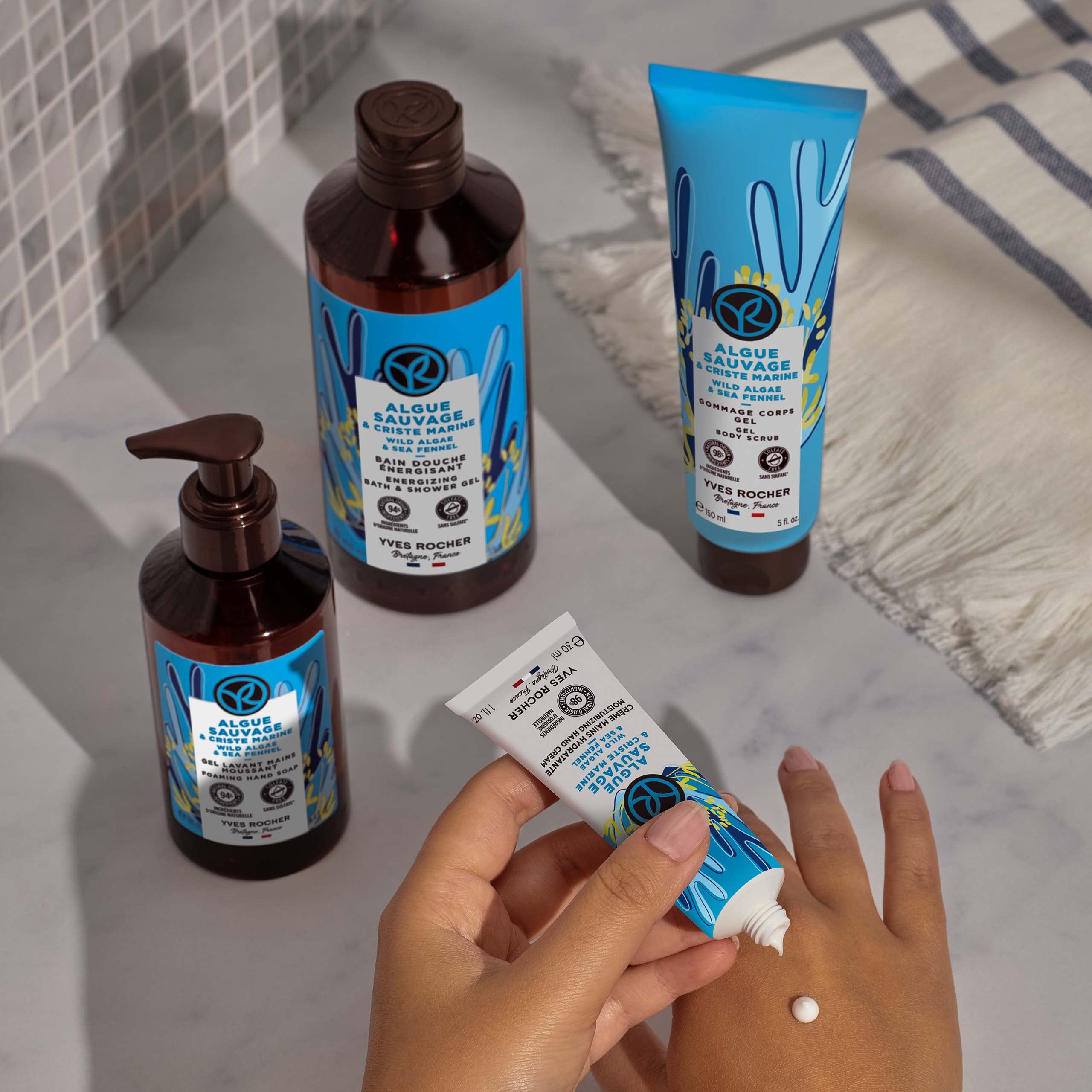 Yves Rocher lotion with algae and sea fennel evokes energizing scent and refreshing hydration.