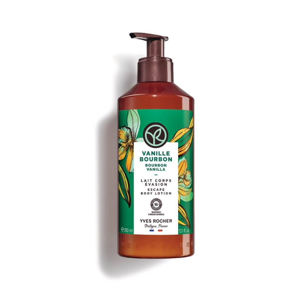 Yves Rocher Escape Bourbon Vanilla Body Milk Bottle; lightweight hydration for smooth skin.