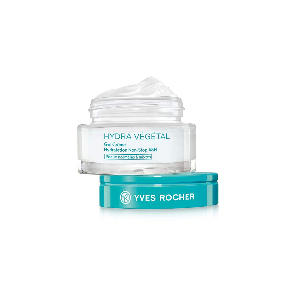 Yves Rocher Hydra Vegetal gel cream applied in morning routine for refreshing skin.