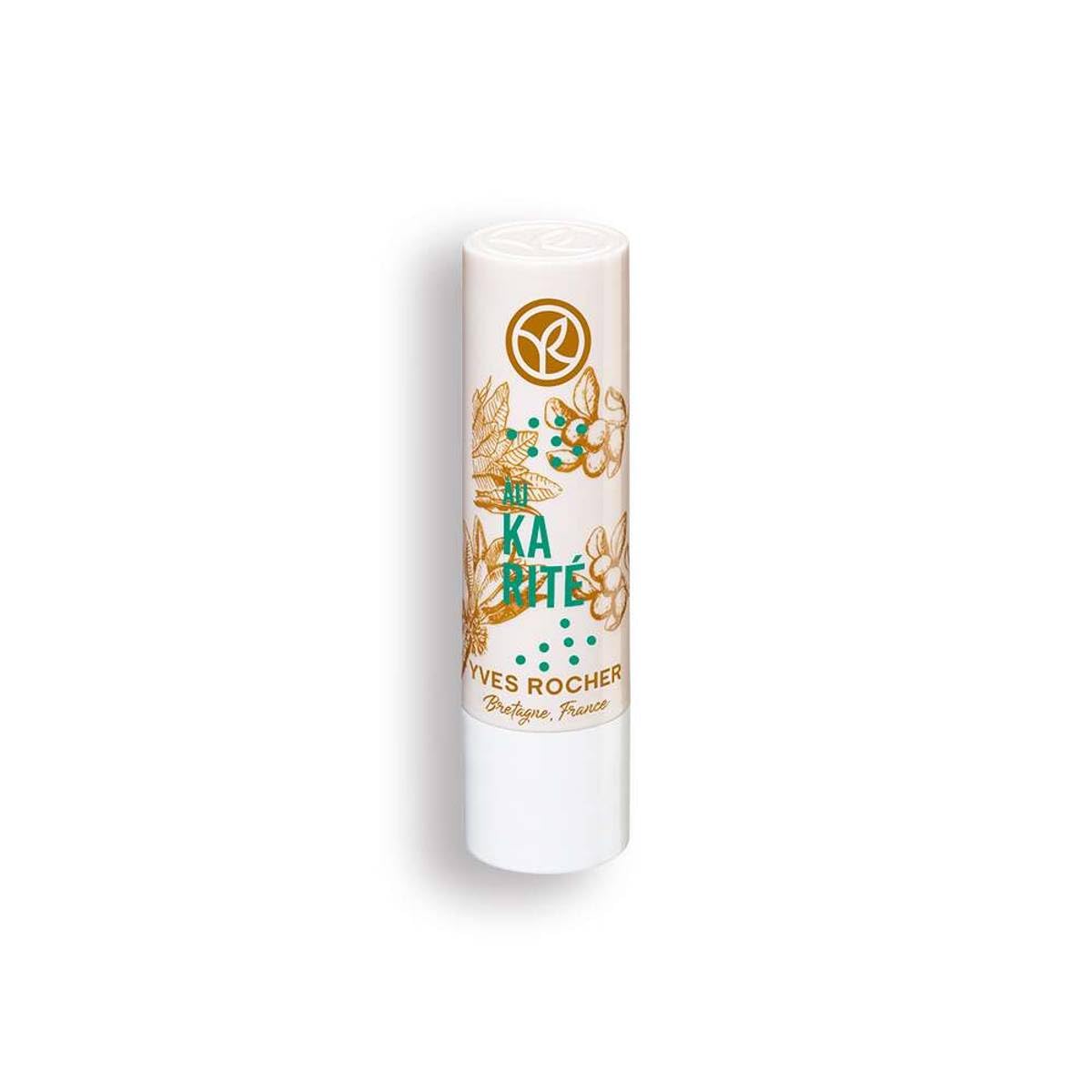 Yves Rocher Karité Lip Balm on display, highlighting shea butter hydration.