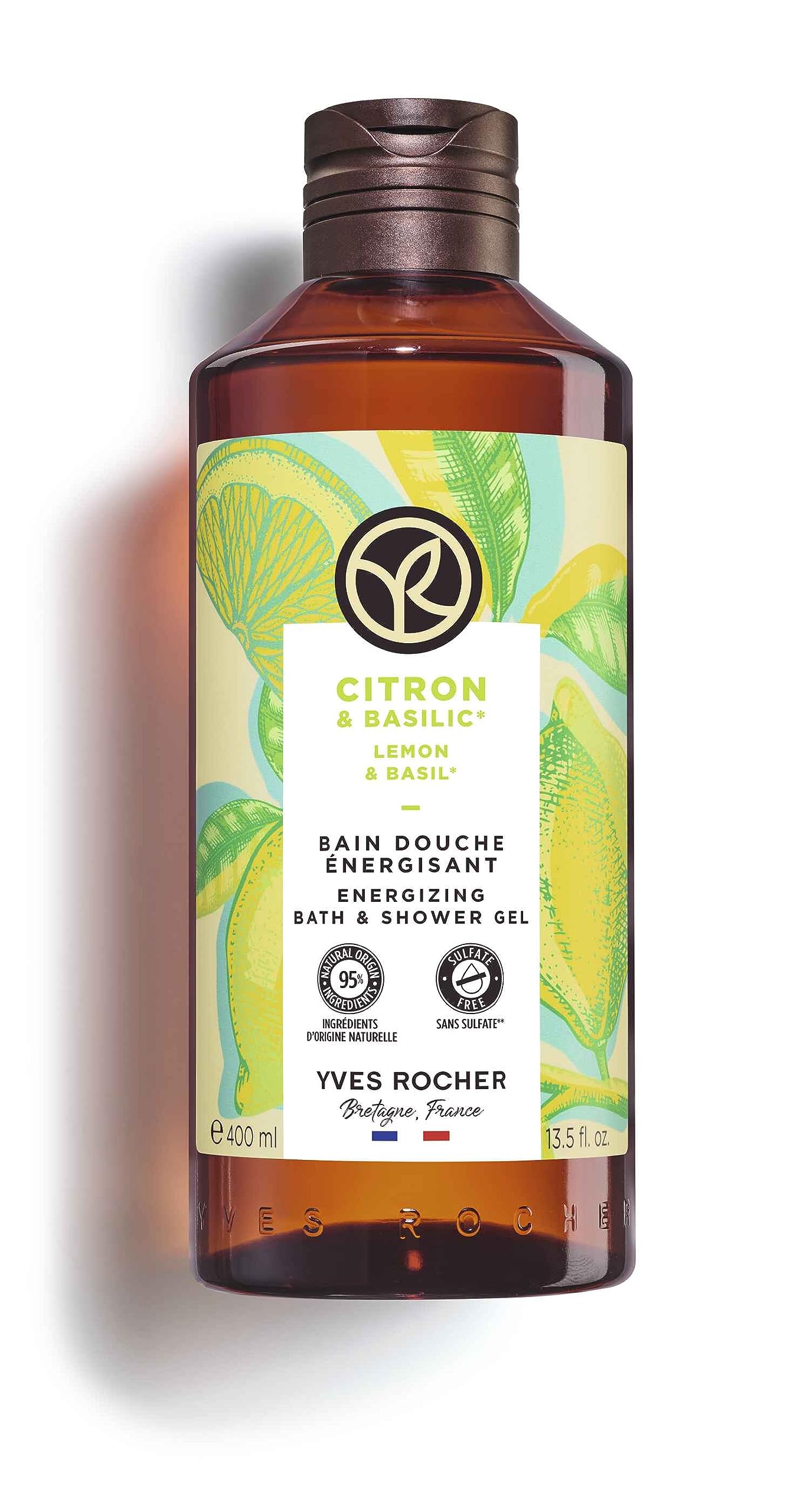 Yves Rocher Lemon and Basil Energizing Bath Gel bottle for a refreshing cleanse and nourished skin