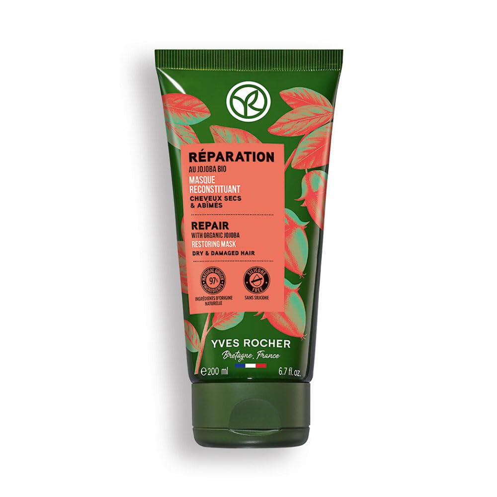 Yves Rocher Nourishing Hair Mask bottle close-up with jojoba oil formula for silky, strengthened hair.