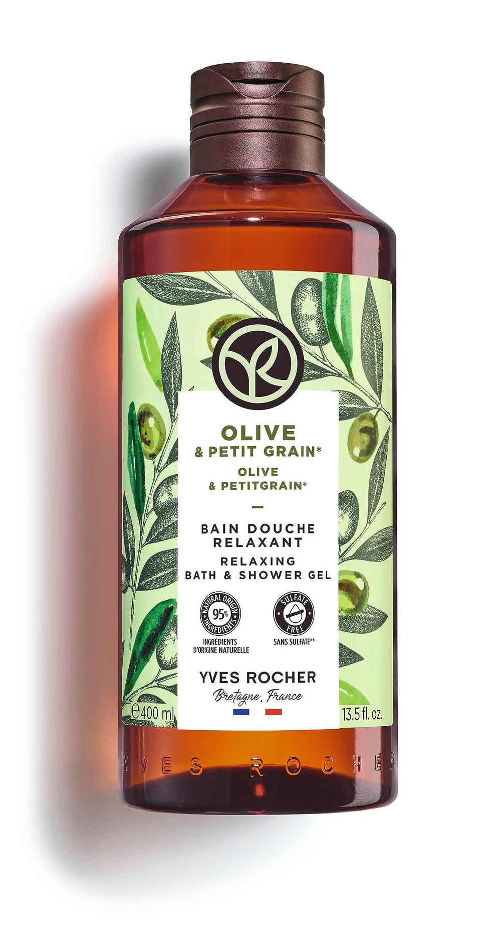 Yves Rocher Olive and Petitgrain relaxing gel bottle front for gentle nourishment