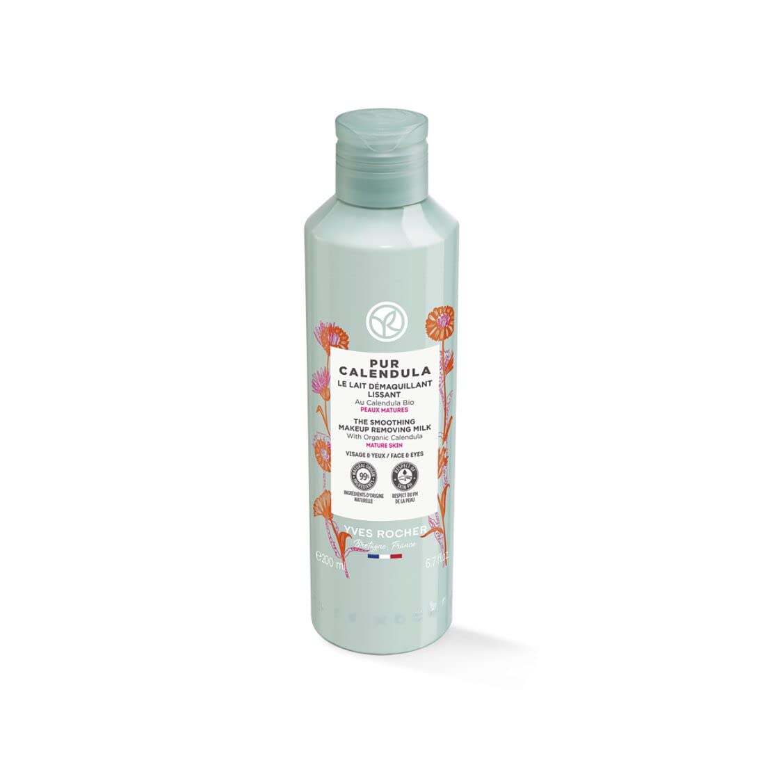 Yves Rocher Pur Calendula bottle pour, showcasing gentle makeup removal and smoothing benefits