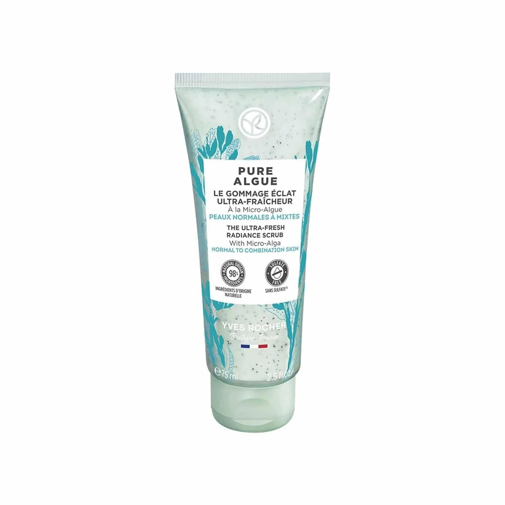 Yves Rocher Pure Algue scrub jar showing gentle exfoliation for a soft, radiant complexion