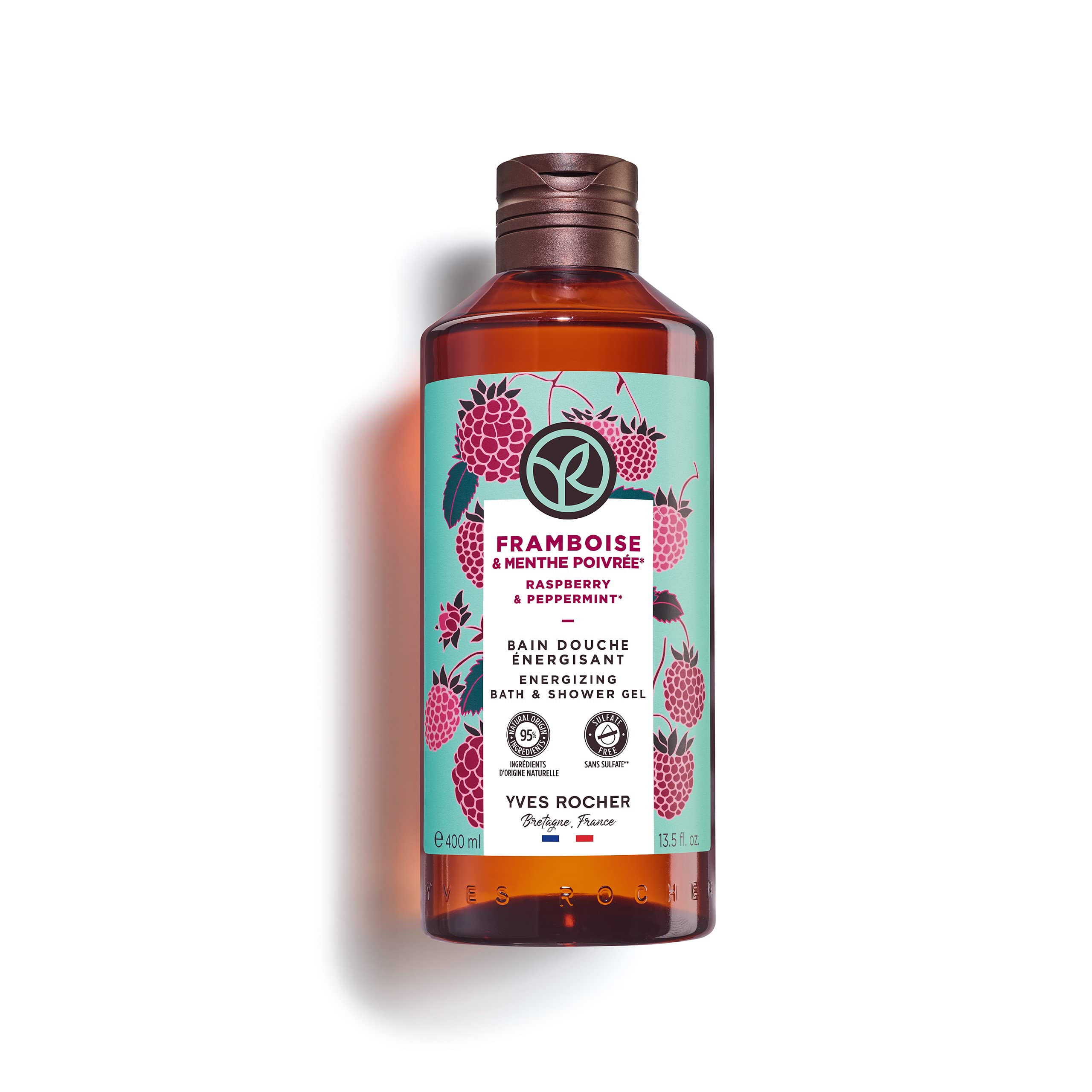 Yves Rocher Raspberry Peppermint gel bottle with eco-friendly packaging.