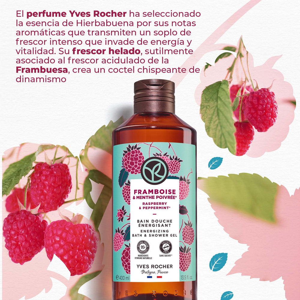 Yves Rocher Raspberry Peppermint gel in a lather demonstration highlighting refreshing cleanse.