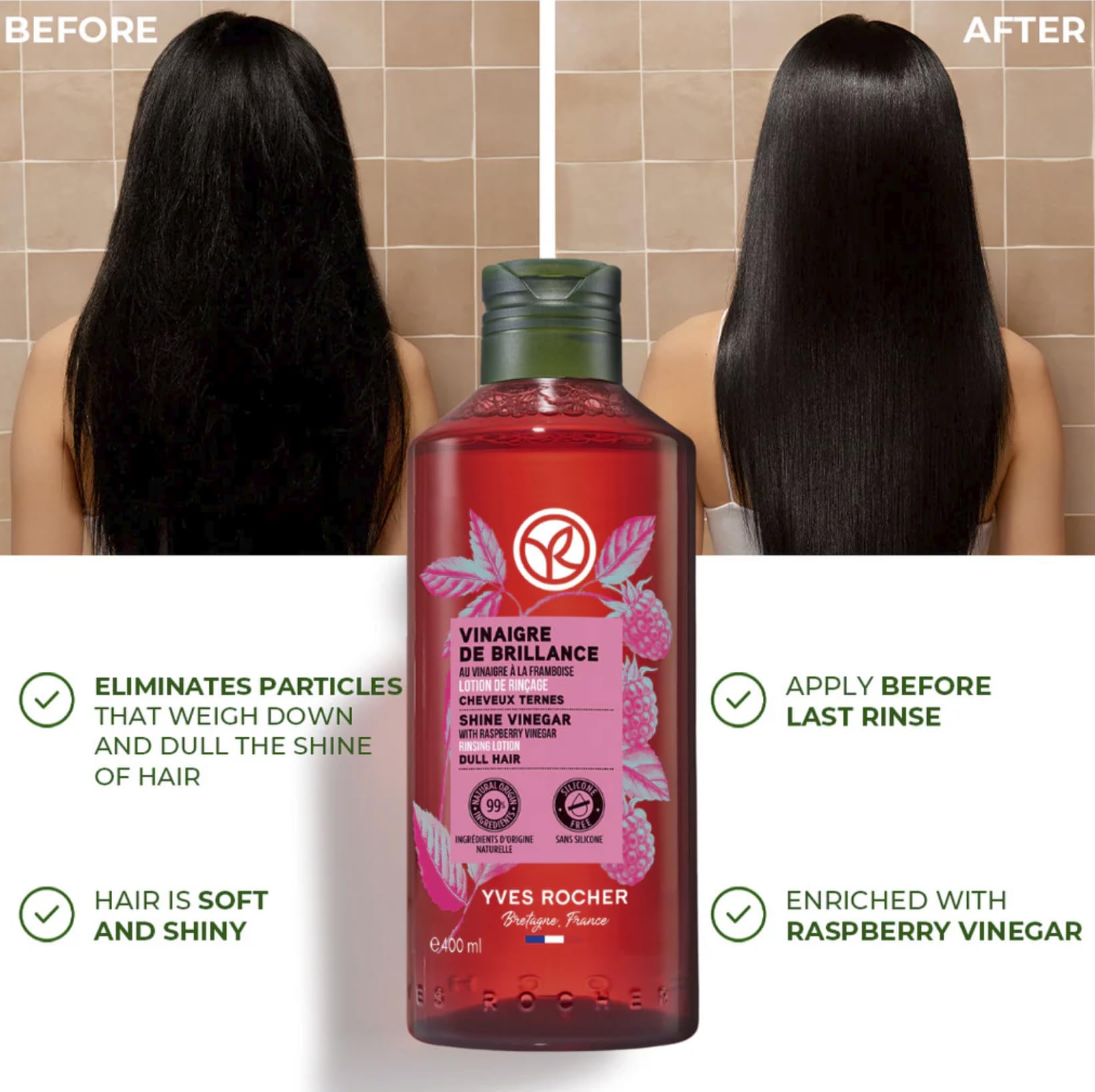Yves Rocher raspberry vinegar hair rinse highlighting mineral buildup removal and shine