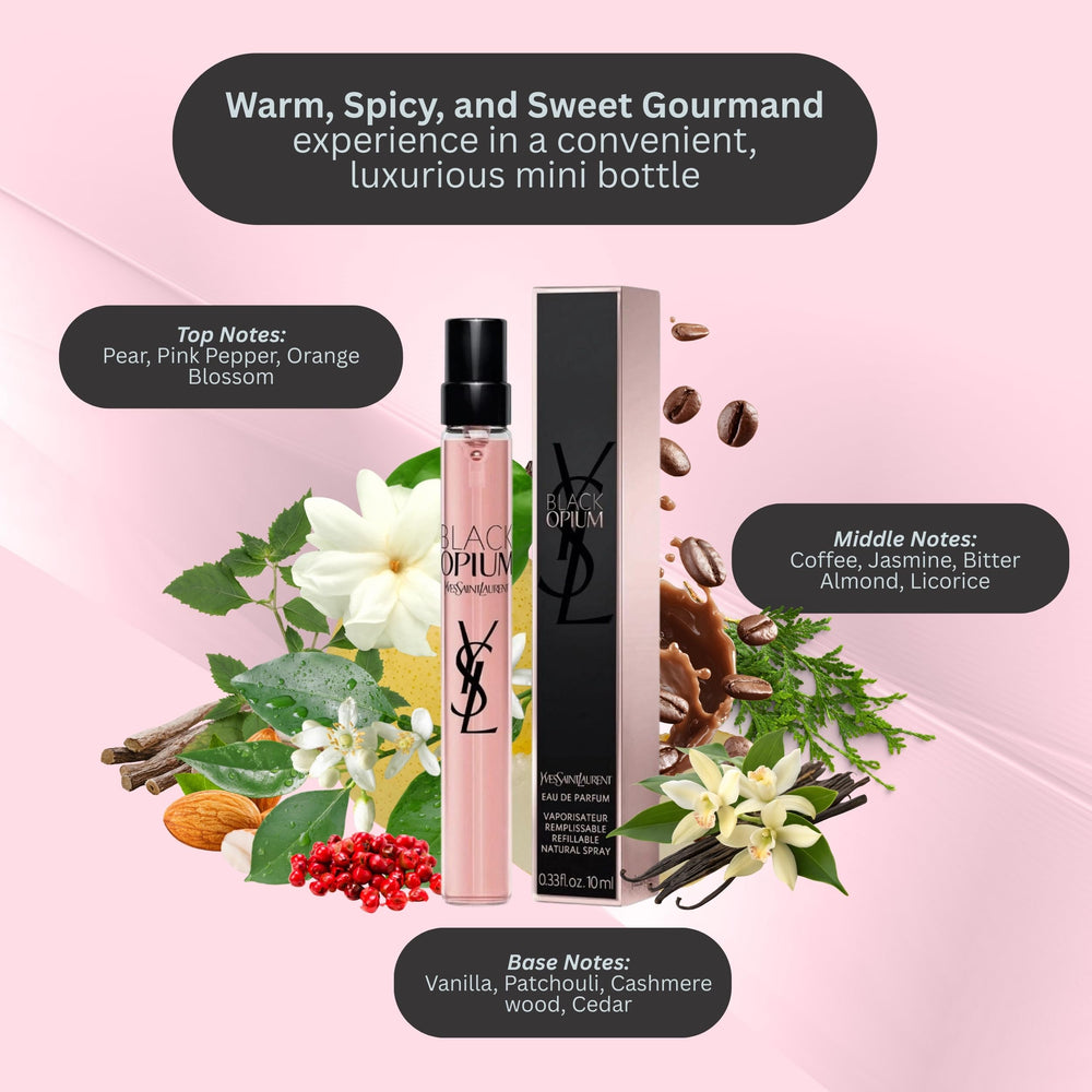 Back of the YSL Black Opium bottle shows compact travel-friendly packaging