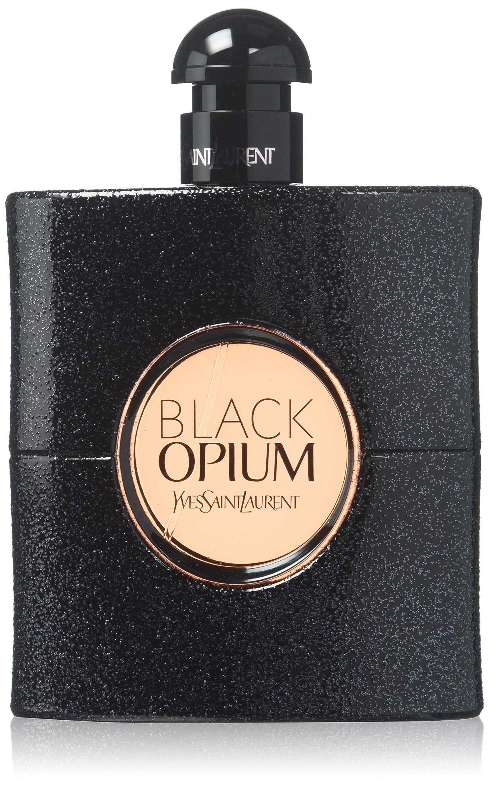 YSL Black Opium bottle close-up highlighting sleek design for a night-out fragrance.