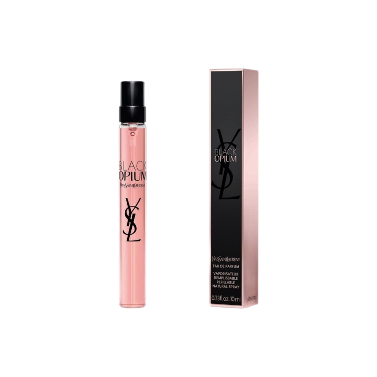 YSL Black Opium bottle front view, ideal for bold evening wear
