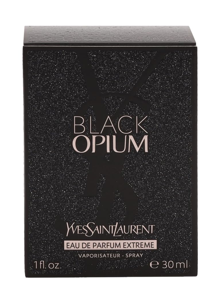YSL Black Opium Extreme bottle close-up label shows vanilla and coffee hints.