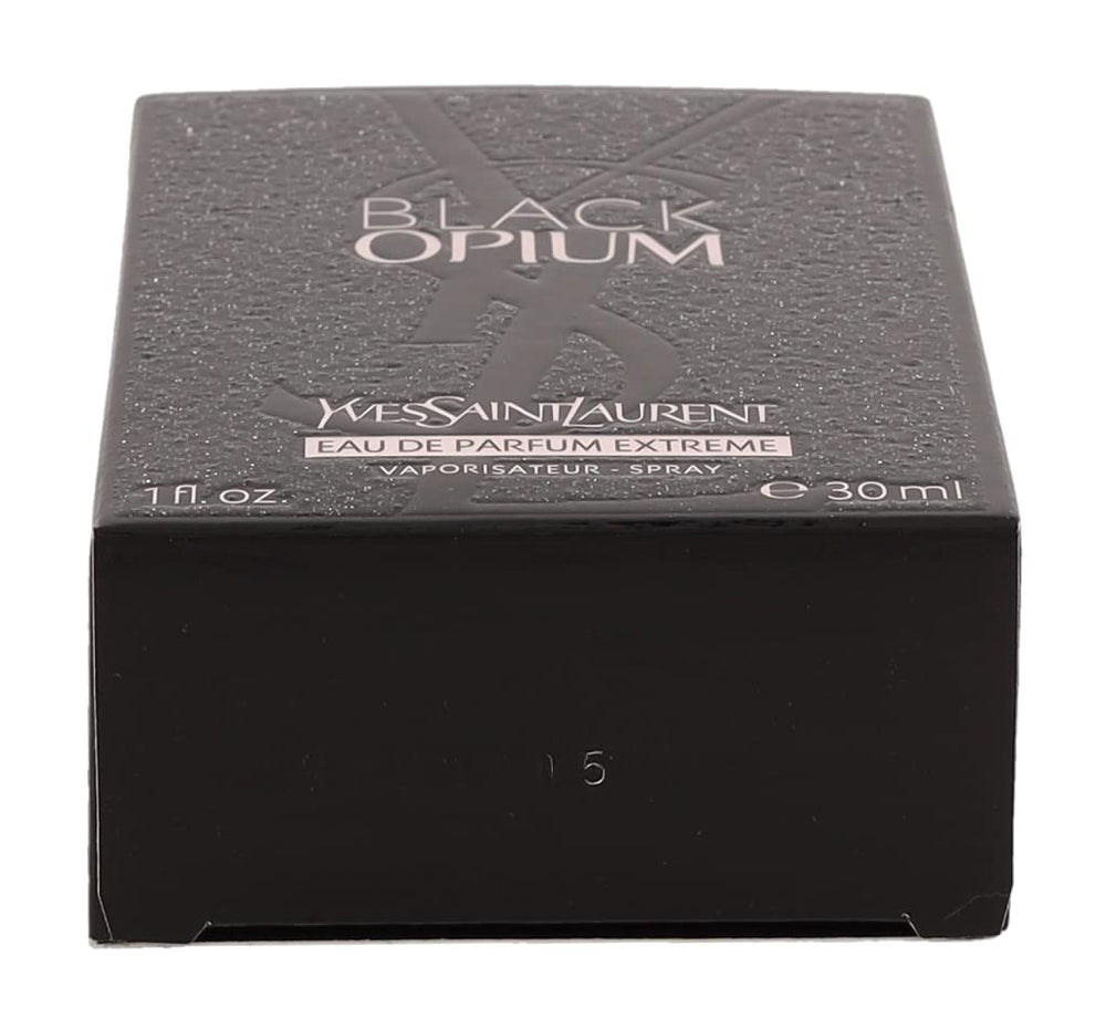 YSL Black Opium Extreme bottle glass detail, luxury presence for display.