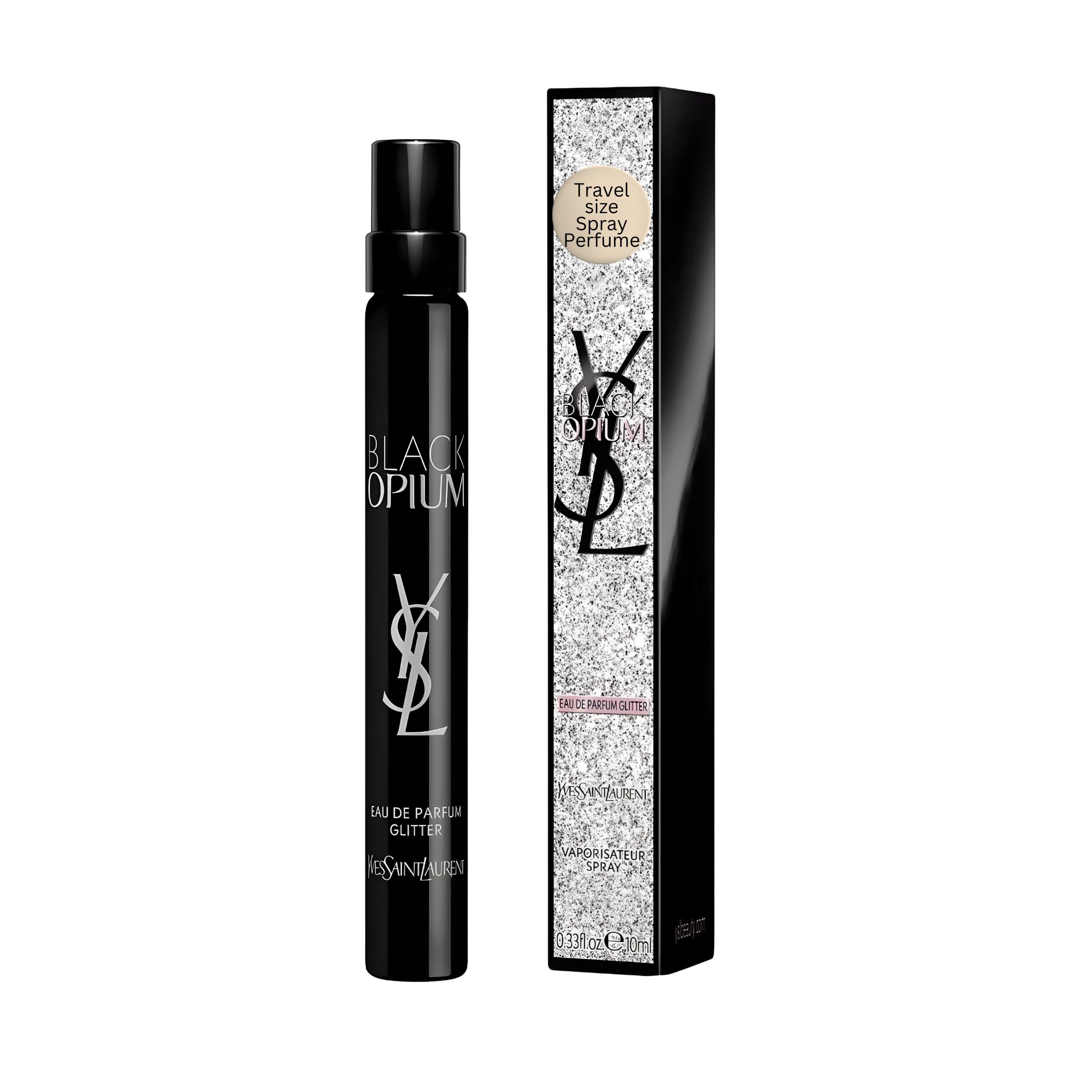 YSL Black Opium Glitter bottle on vanity showcasing bold design