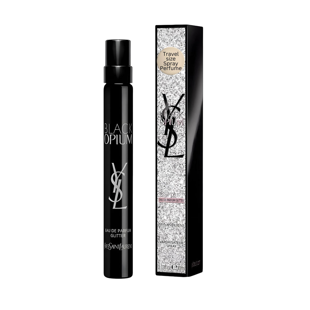 YSL Black Opium Glitter bottle on vanity showcasing bold design