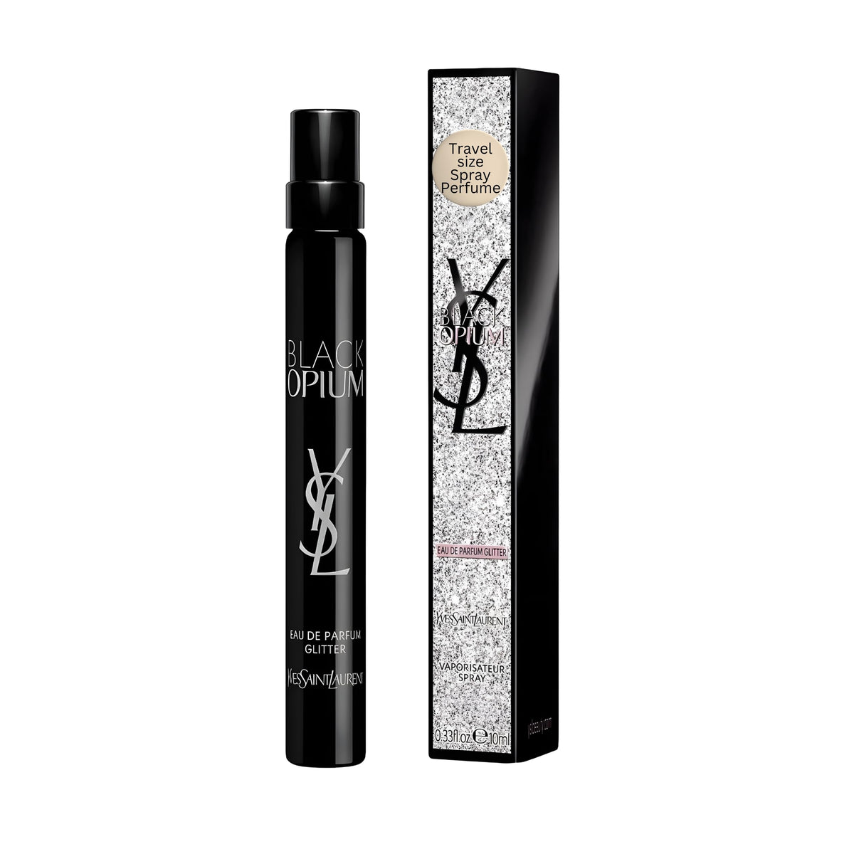 YSL Black Opium Glitter bottle on vanity showcasing bold design