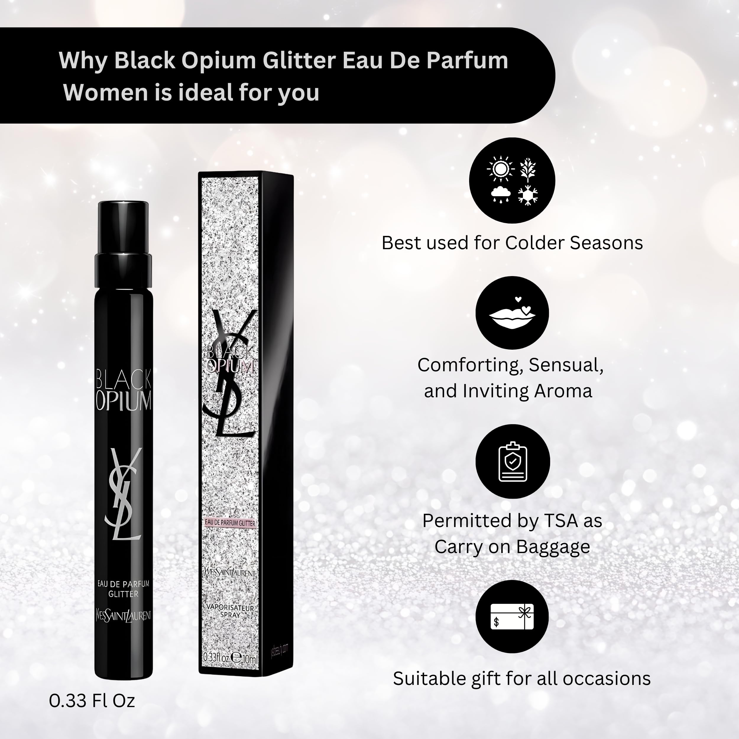 Close-up of YSL glitter EDP cap highlighting premium finish