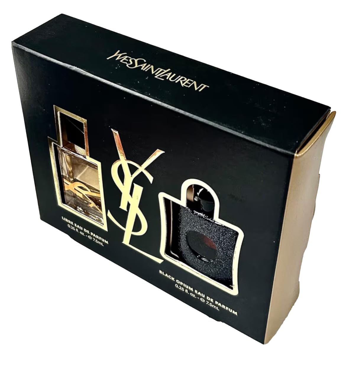 Front view of Black Opium mini bottle in set for travel