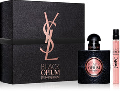 Yves Saint Laurent Black Opium set: spray and rollerball for day-to-night fragrance versatility.