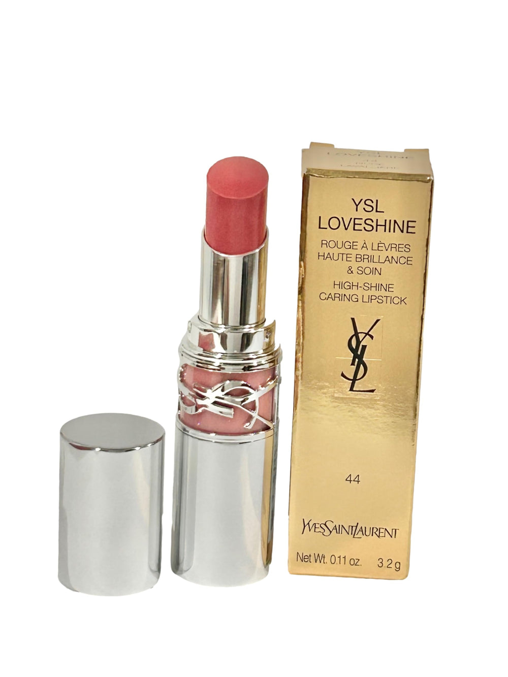 YSL Loveshine lipstick swatch showing glassy finish and hydration on lips