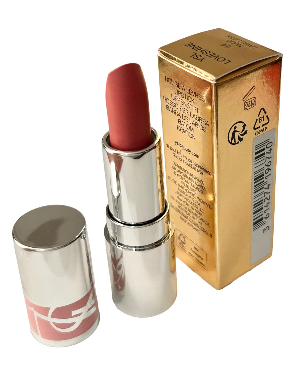 YSL Loveshine lipstick close-up showing creamy, glossy nude finish