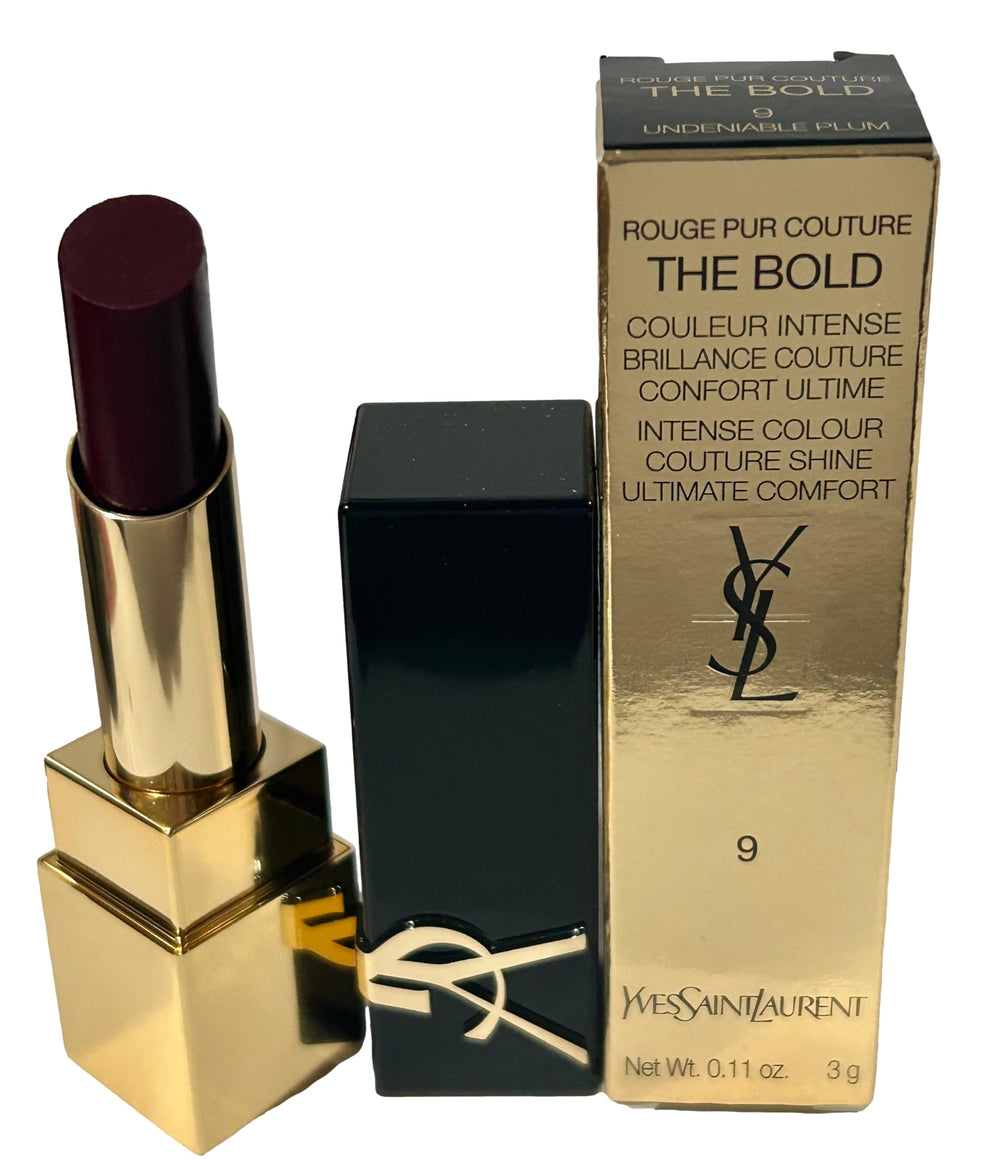 YSL Rouge Pur Couture Bold Lipstick Undeniable Plum tube display for bold color