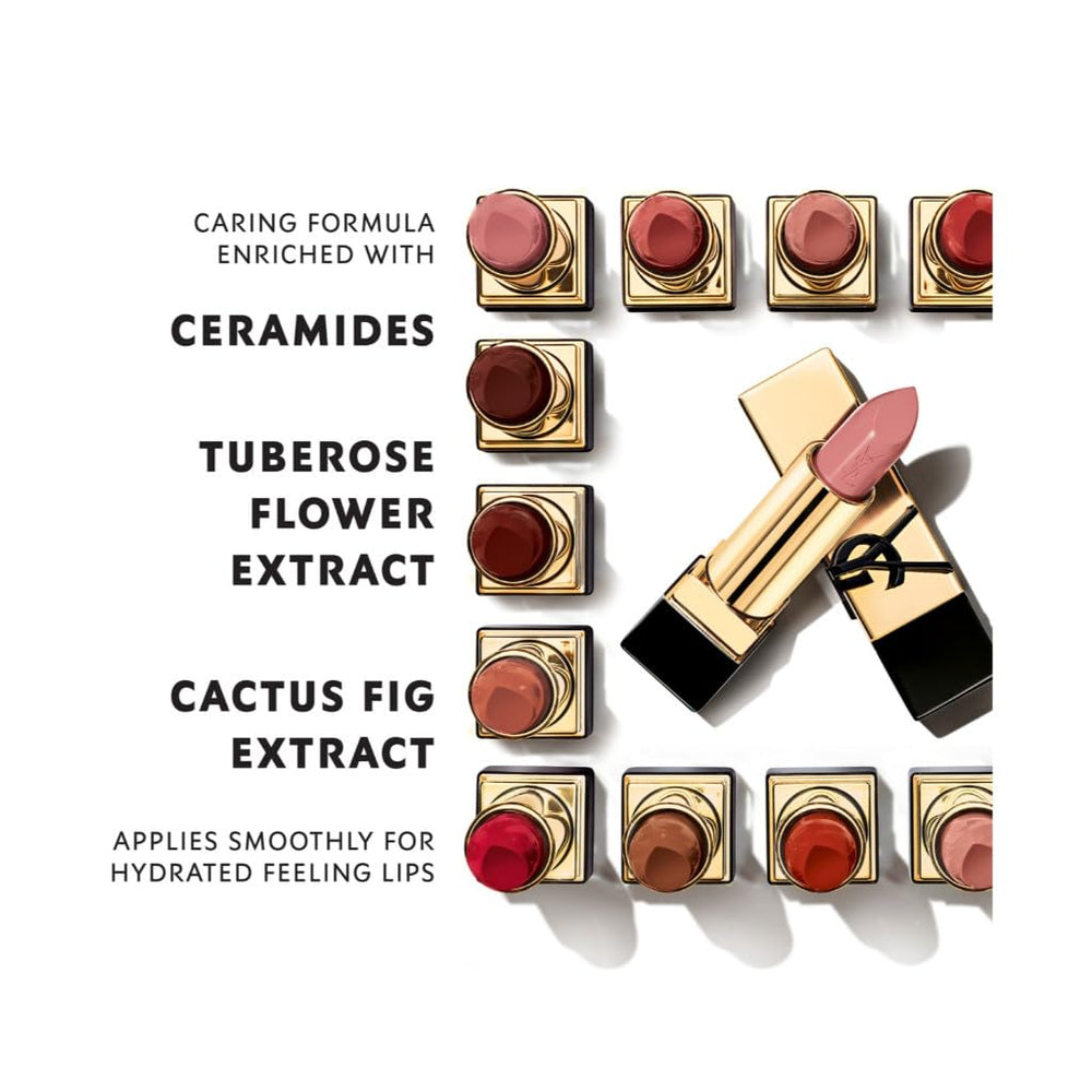 Yves Saint Laurent Rouge Pur Couture satin lipstick swatch shows rich color for all-day refined look.