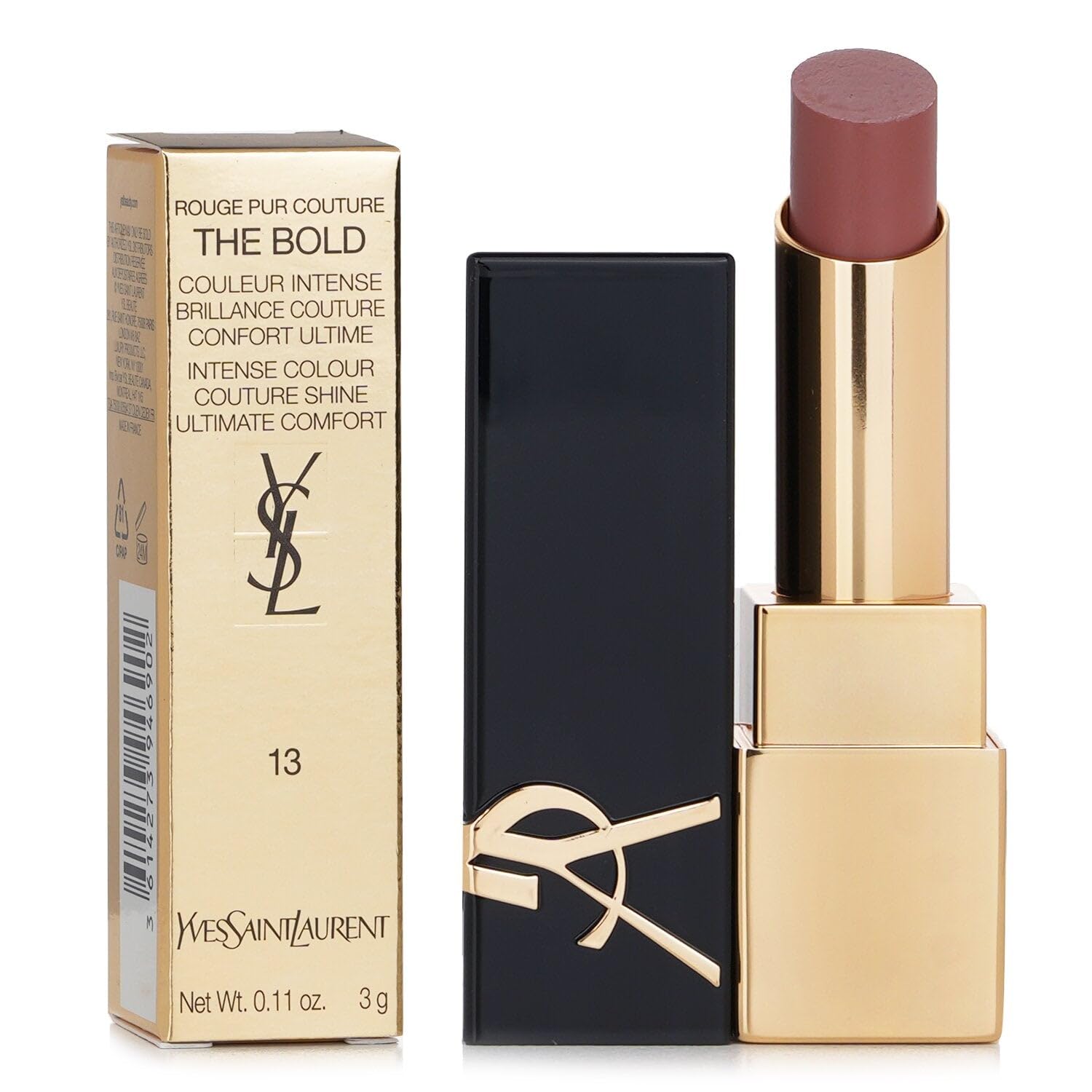 YSL Rouge Pur Couture The Bold 13 lip swatches on lips for vibrant shine and depth.